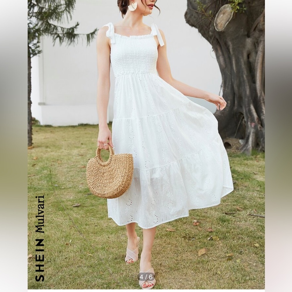 SHEIN Mulvari Shirred Knot Shoulder
Ruffle Hem Schiffy MIDI Dress Size M
White - Picture 1 of 14